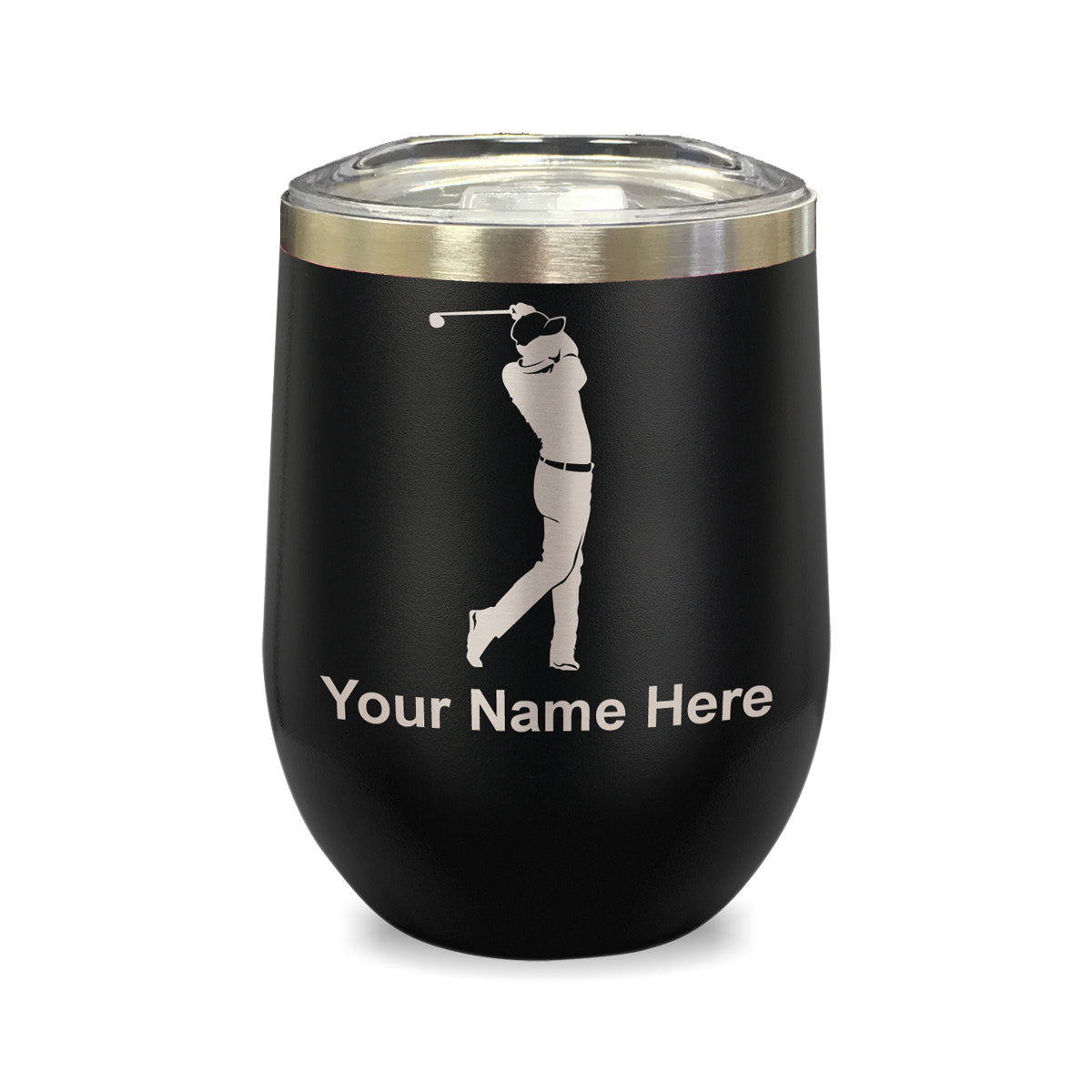 LaserGram Double Wall Stainless Steel Wine Glass, Golfer Golfing, Personalized Engraving Included