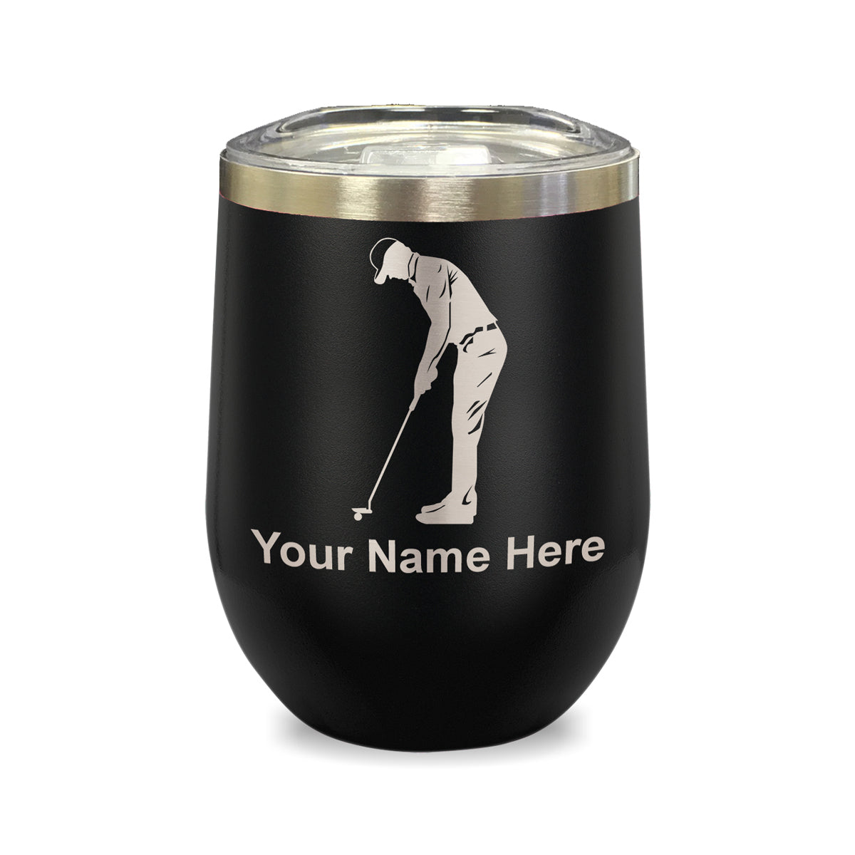 LaserGram Double Wall Stainless Steel Wine Glass, Golfer Putting, Personalized Engraving Included