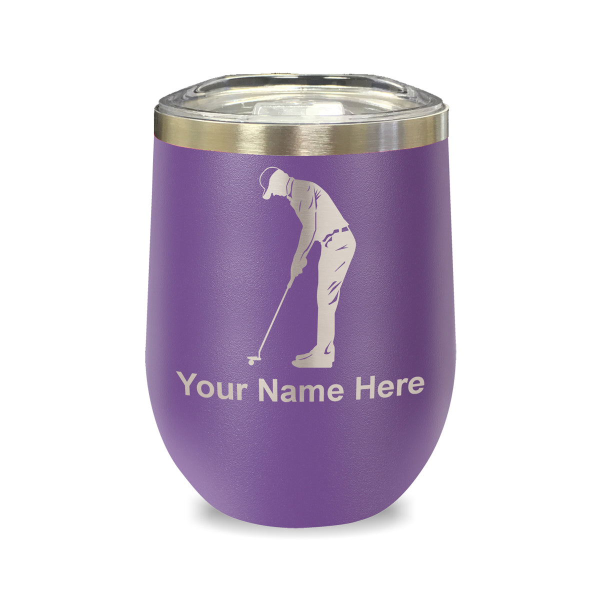 LaserGram Double Wall Stainless Steel Wine Glass, Golfer Putting, Personalized Engraving Included