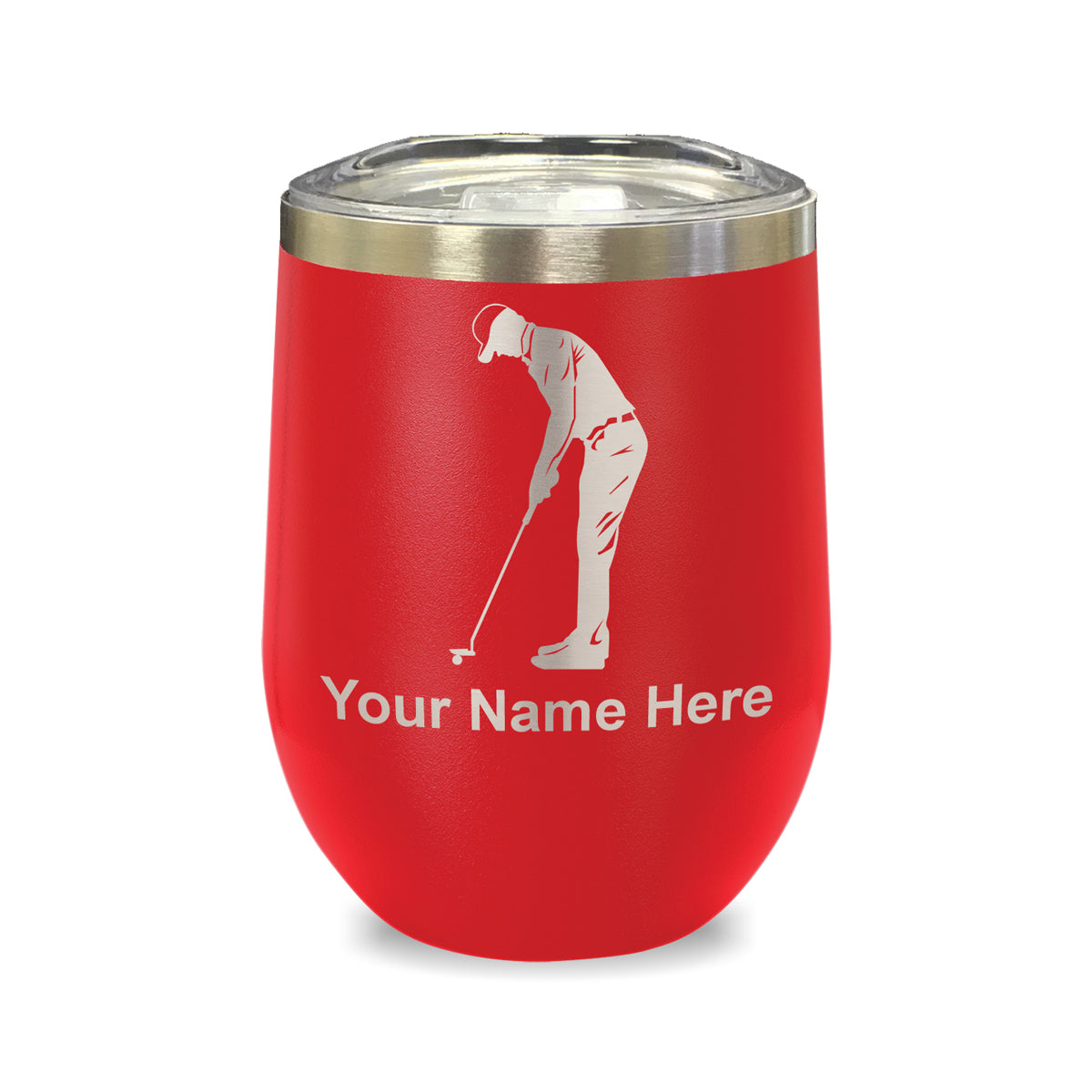 LaserGram Double Wall Stainless Steel Wine Glass, Golfer Putting, Personalized Engraving Included