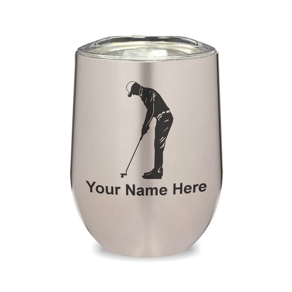 LaserGram Double Wall Stainless Steel Wine Glass, Golfer Putting, Personalized Engraving Included