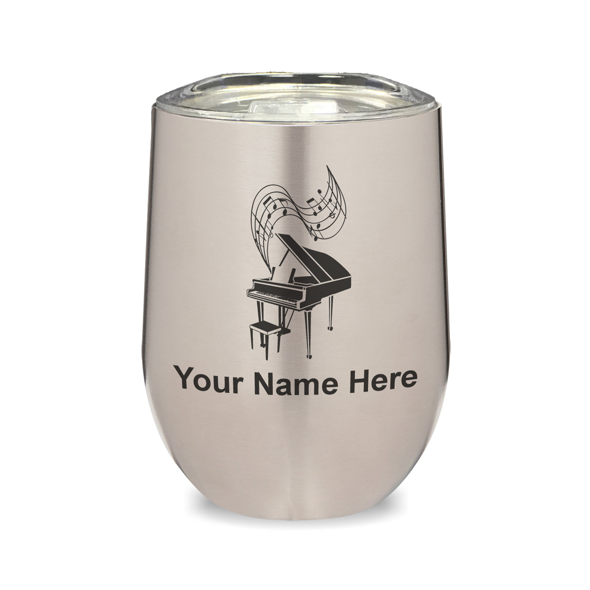 LaserGram Double Wall Stainless Steel Wine Glass, Grand Piano, Personalized Engraving Included