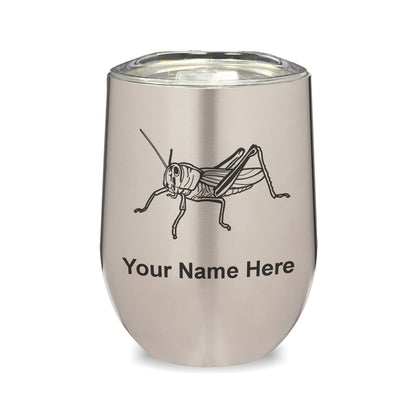 LaserGram Double Wall Stainless Steel Wine Glass, Grasshopper, Personalized Engraving Included