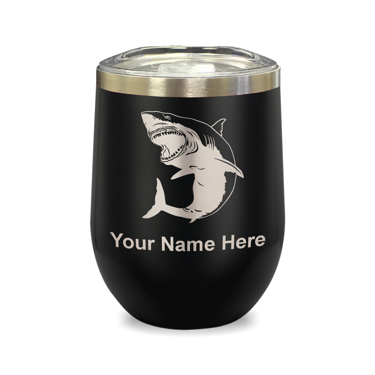 LaserGram Double Wall Stainless Steel Wine Glass, Great White Shark, Personalized Engraving Included