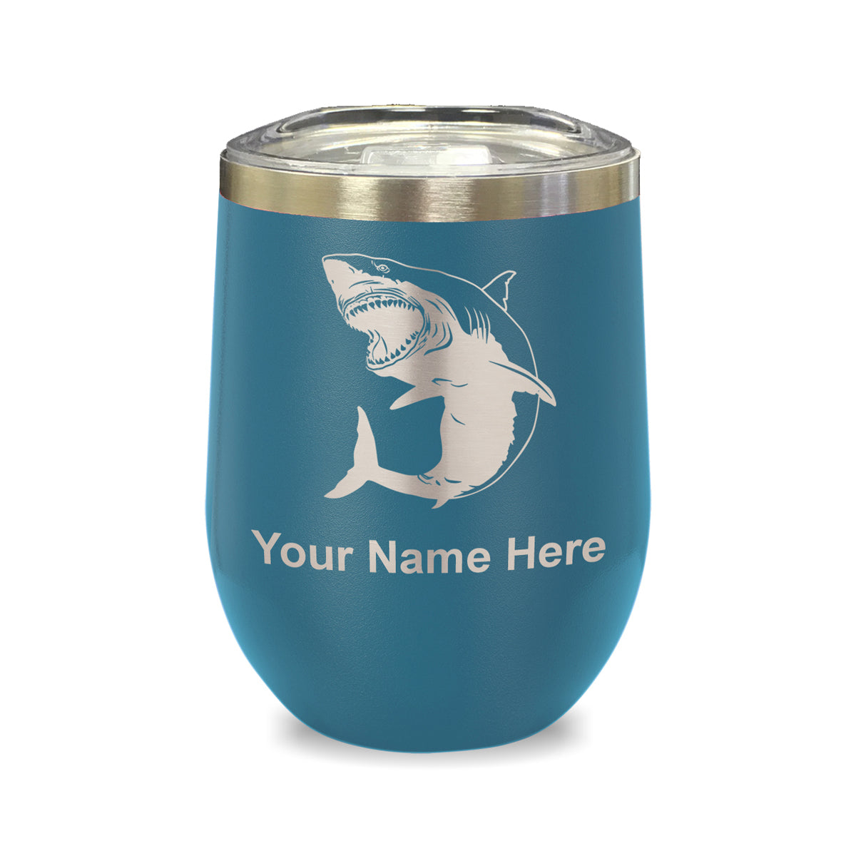 LaserGram Double Wall Stainless Steel Wine Glass, Great White Shark, Personalized Engraving Included