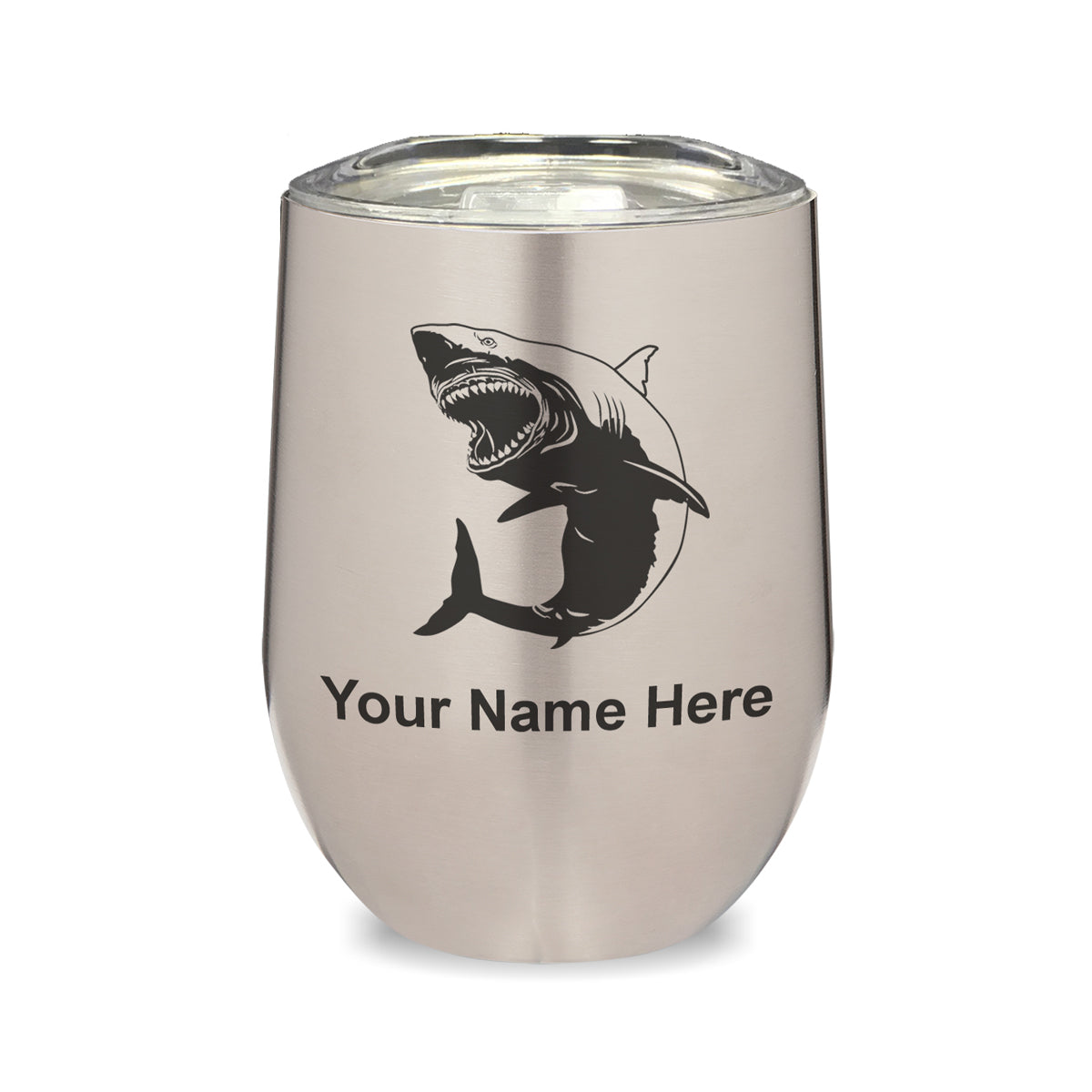 LaserGram Double Wall Stainless Steel Wine Glass, Great White Shark, Personalized Engraving Included