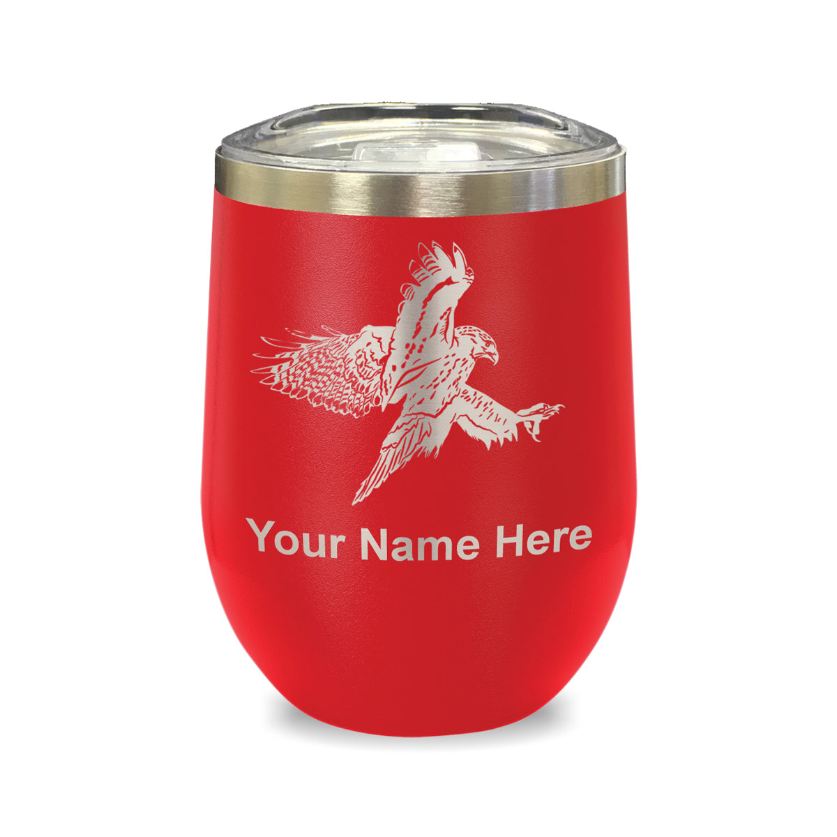 LaserGram Double Wall Stainless Steel Wine Glass, Hawk, Personalized Engraving Included