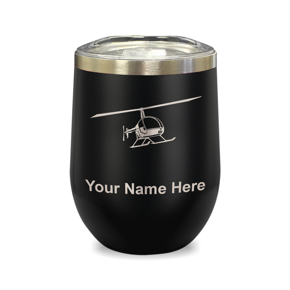 LaserGram Double Wall Stainless Steel Wine Glass, Helicopter 2, Personalized Engraving Included