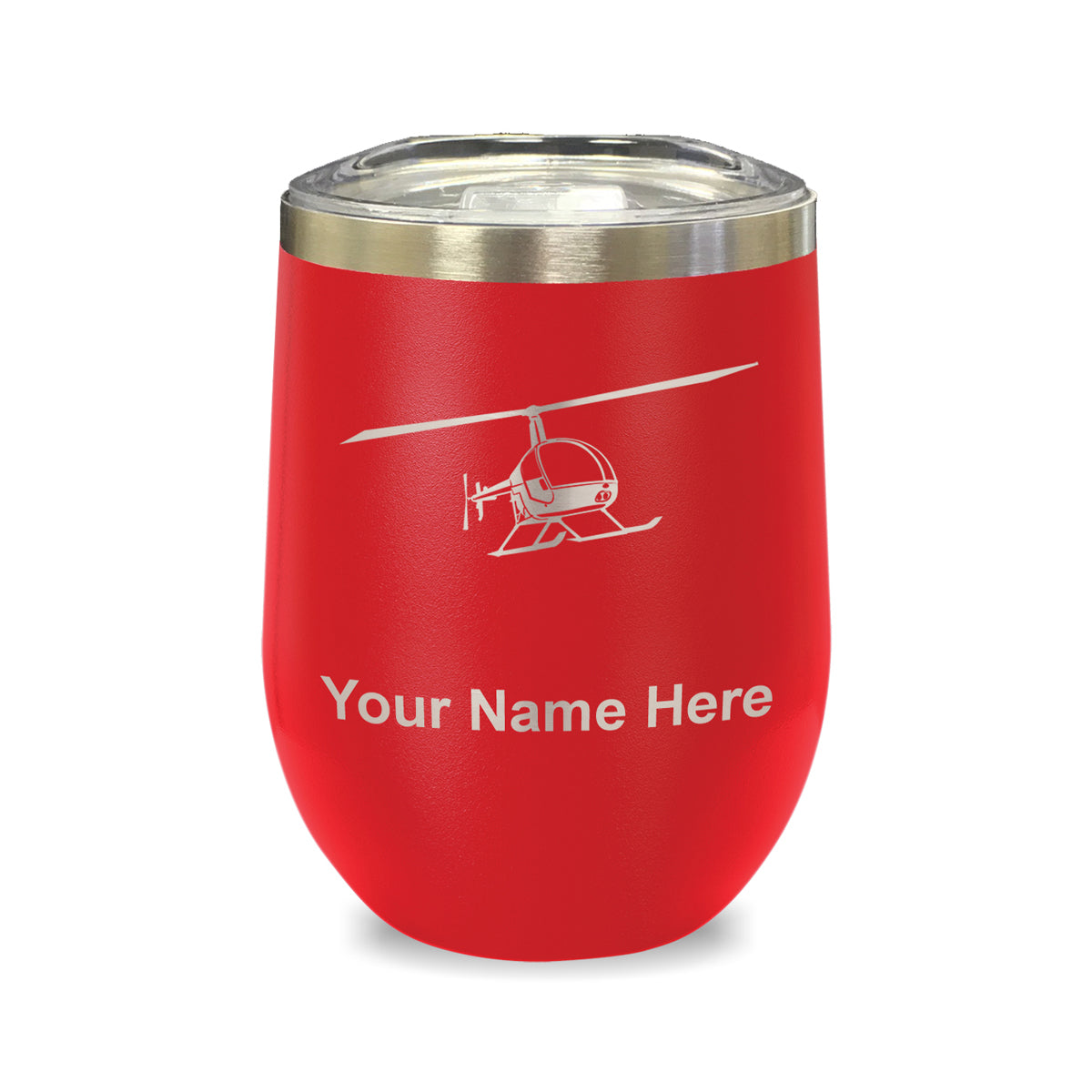 LaserGram Double Wall Stainless Steel Wine Glass, Helicopter 2, Personalized Engraving Included