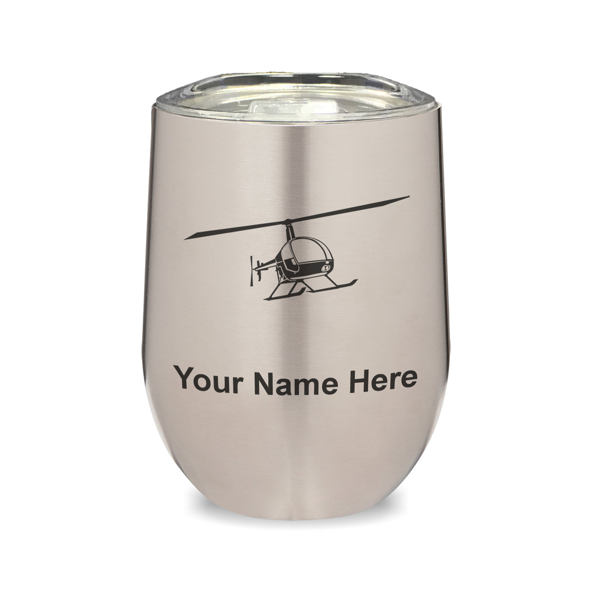 LaserGram Double Wall Stainless Steel Wine Glass, Helicopter 2, Personalized Engraving Included