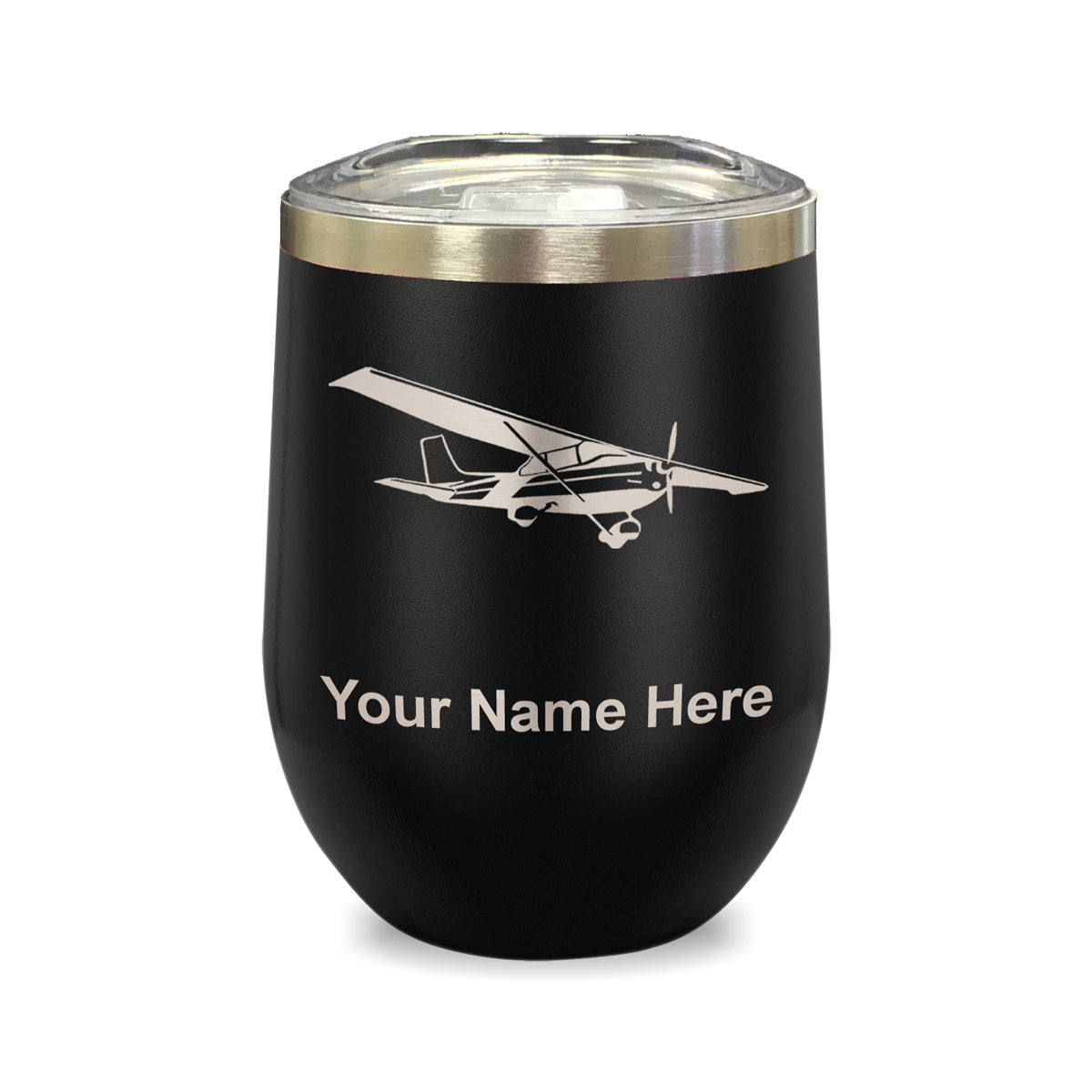 LaserGram Double Wall Stainless Steel Wine Glass, High Wing Airplane, Personalized Engraving Included