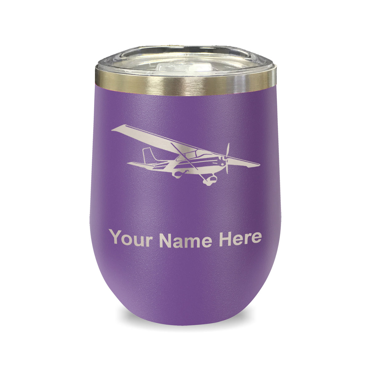 LaserGram Double Wall Stainless Steel Wine Glass, High Wing Airplane, Personalized Engraving Included