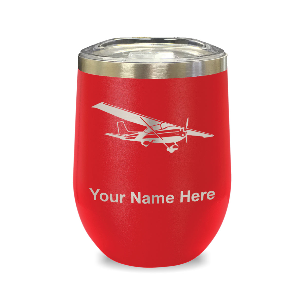 LaserGram Double Wall Stainless Steel Wine Glass, High Wing Airplane, Personalized Engraving Included