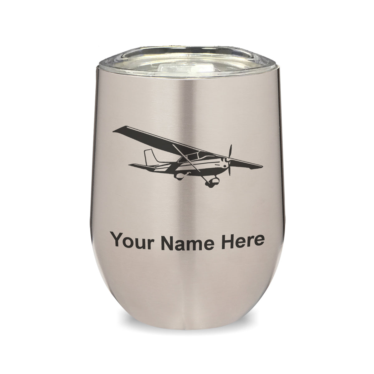 LaserGram Double Wall Stainless Steel Wine Glass, High Wing Airplane, Personalized Engraving Included