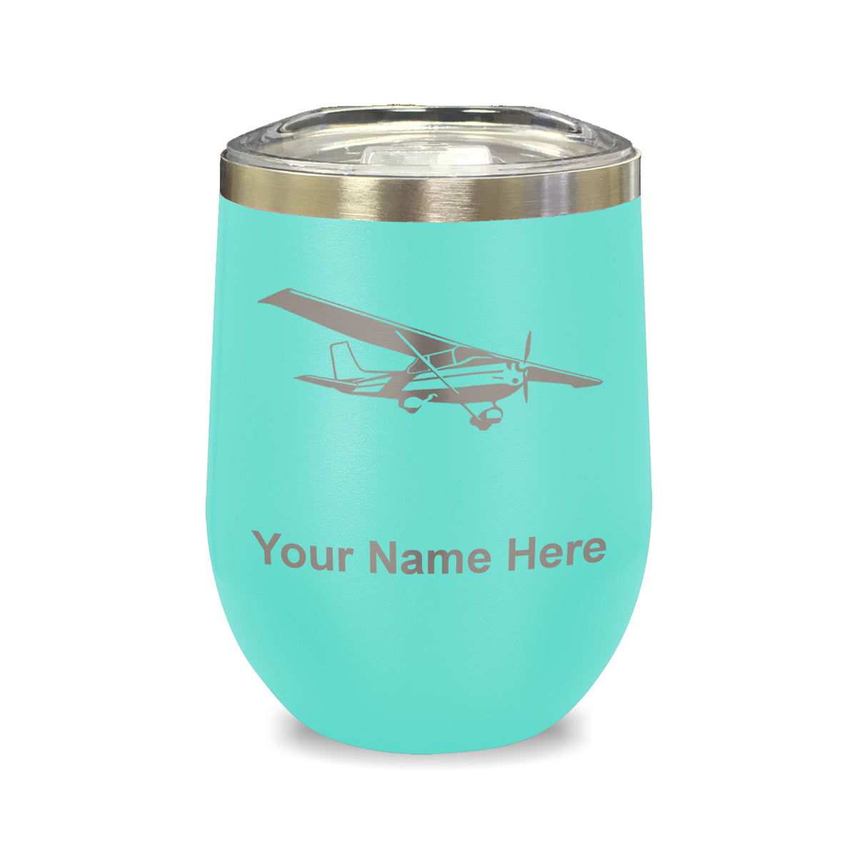 LaserGram Double Wall Stainless Steel Wine Glass, High Wing Airplane, Personalized Engraving Included