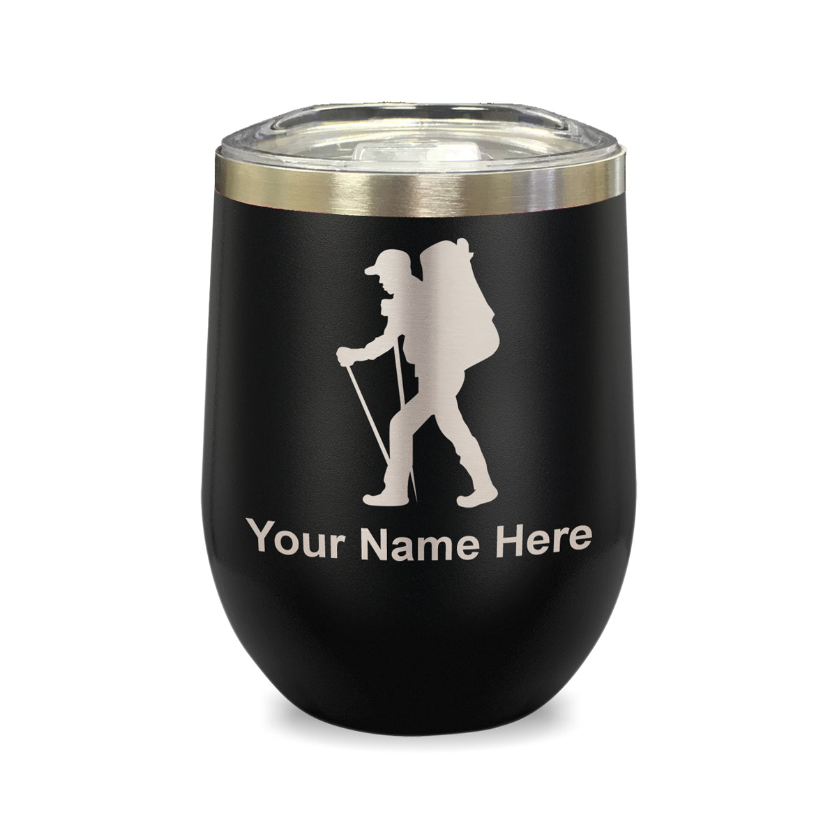 LaserGram Double Wall Stainless Steel Wine Glass, Hiker Man, Personalized Engraving Included