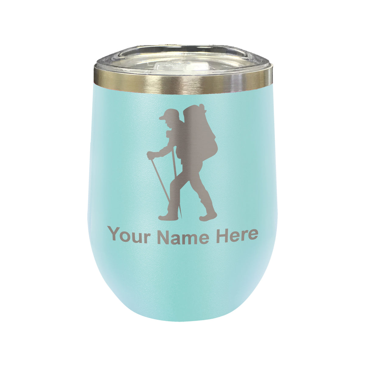 LaserGram Double Wall Stainless Steel Wine Glass, Hiker Man, Personalized Engraving Included