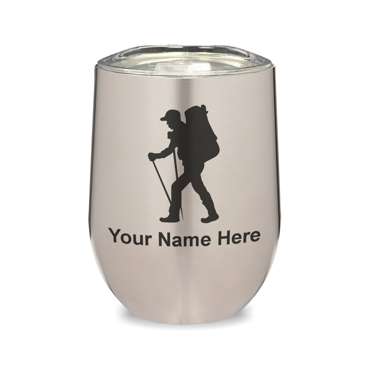 LaserGram Double Wall Stainless Steel Wine Glass, Hiker Man, Personalized Engraving Included