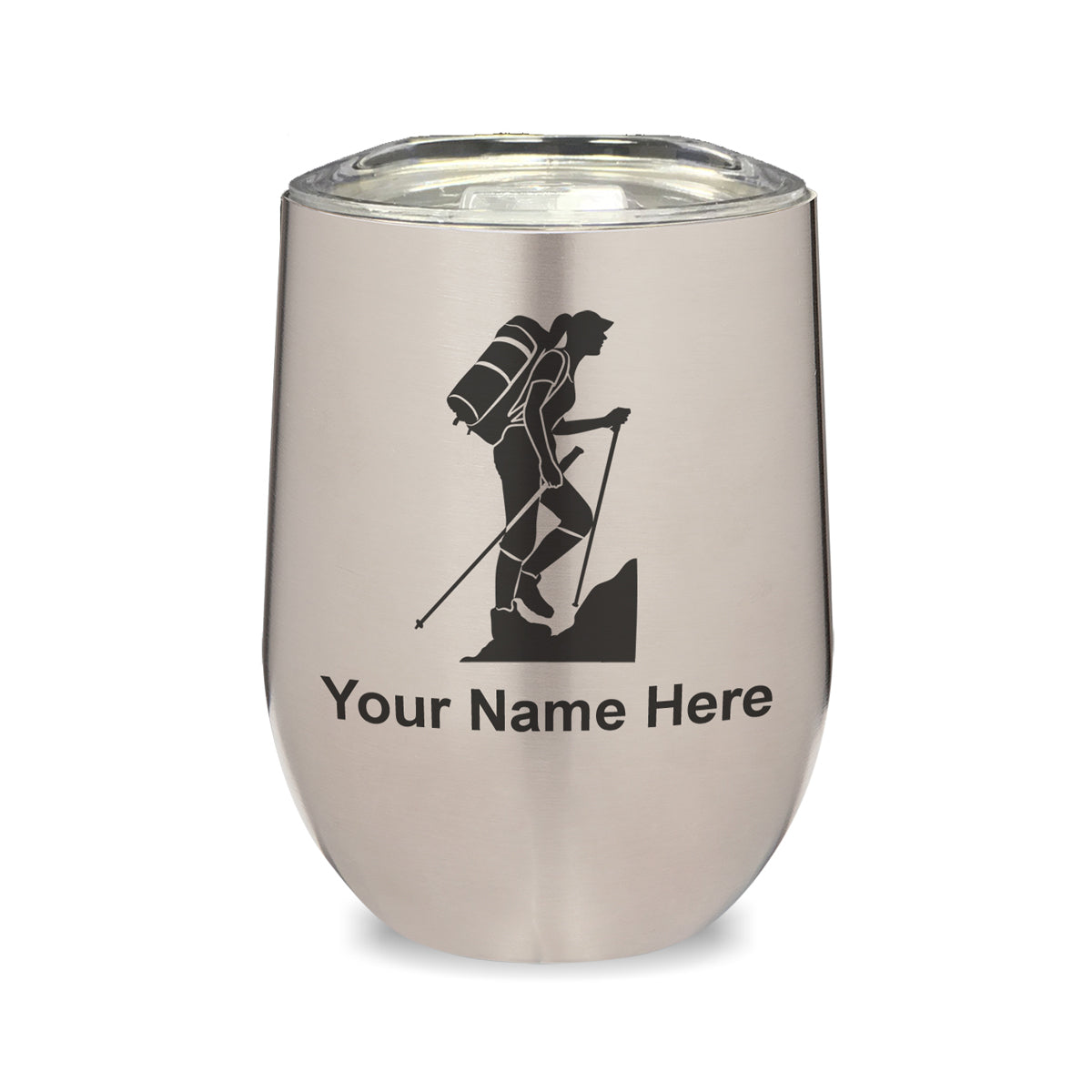 LaserGram Double Wall Stainless Steel Wine Glass, Hiker Woman, Personalized Engraving Included