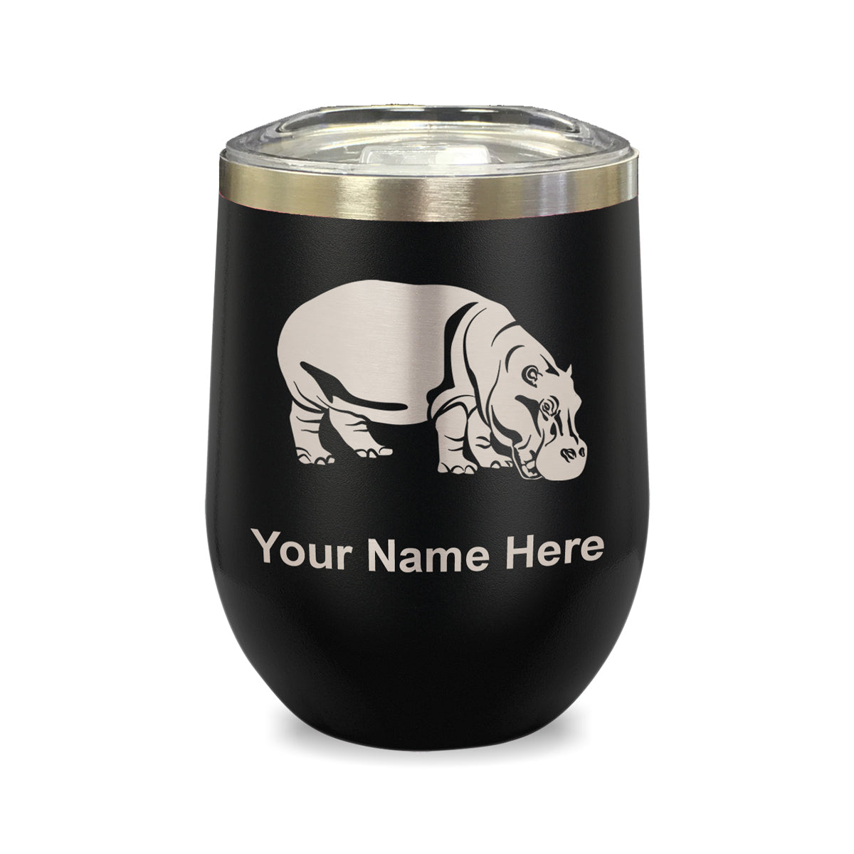 LaserGram Double Wall Stainless Steel Wine Glass, Hippopotamus, Personalized Engraving Included
