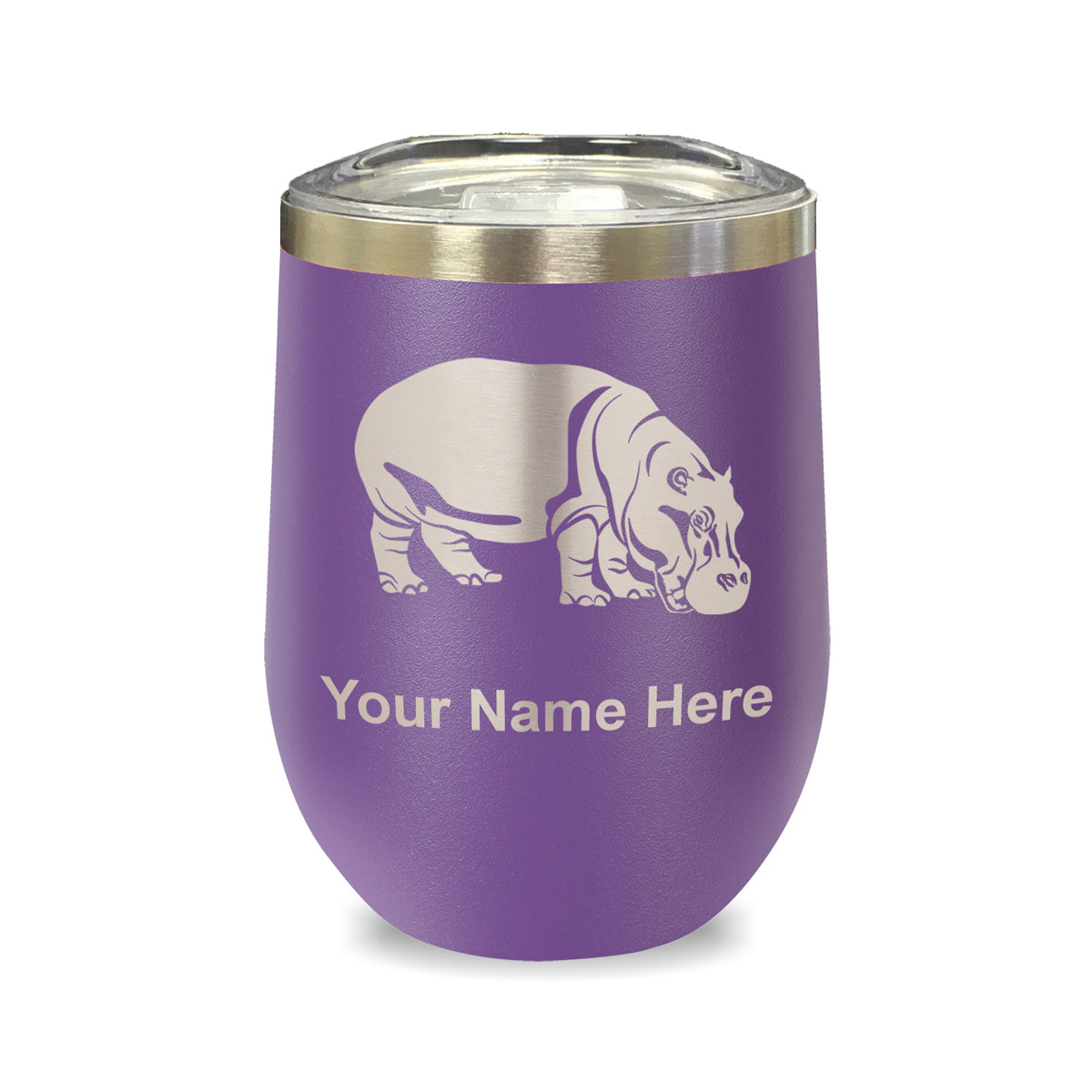 LaserGram Double Wall Stainless Steel Wine Glass, Hippopotamus, Personalized Engraving Included