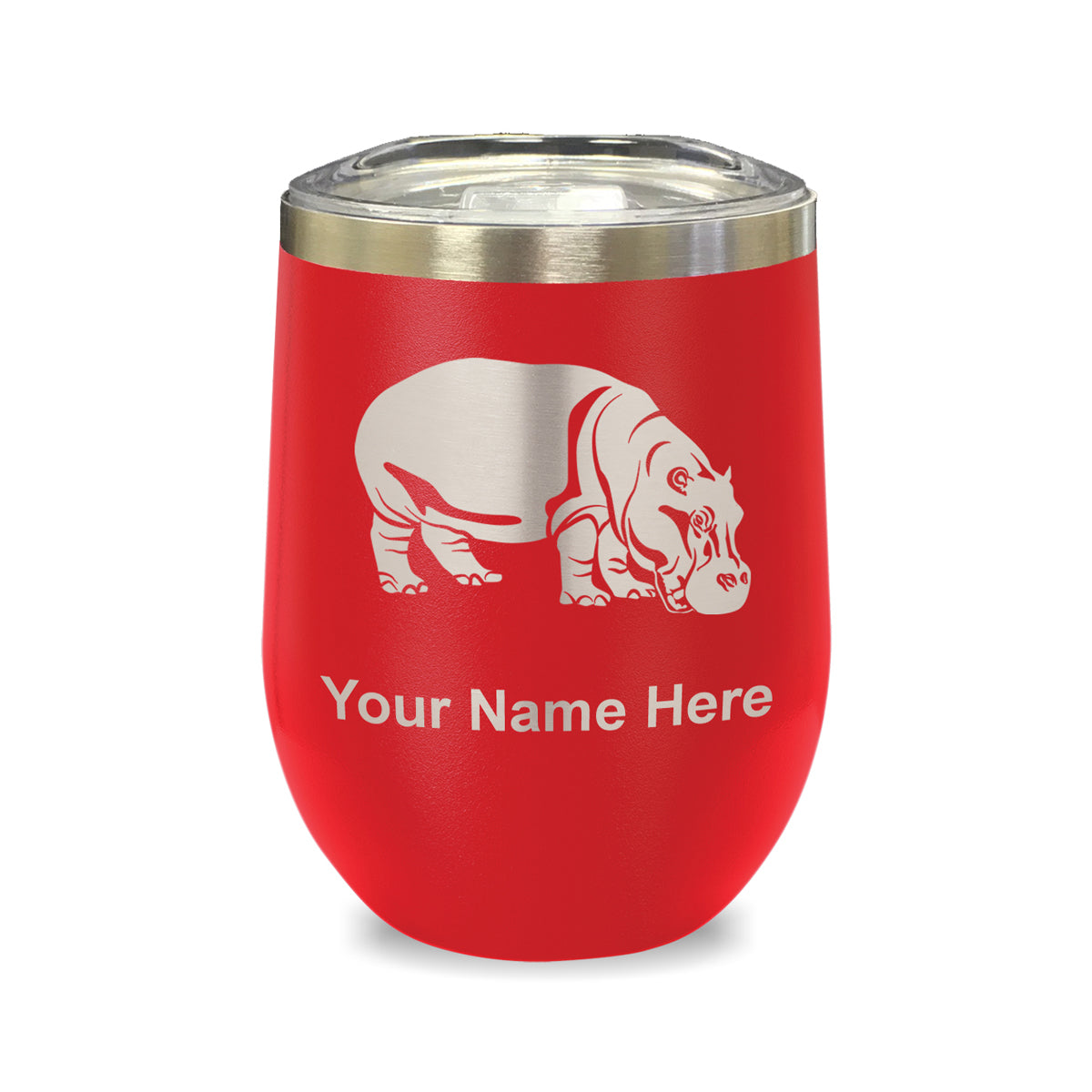 LaserGram Double Wall Stainless Steel Wine Glass, Hippopotamus, Personalized Engraving Included