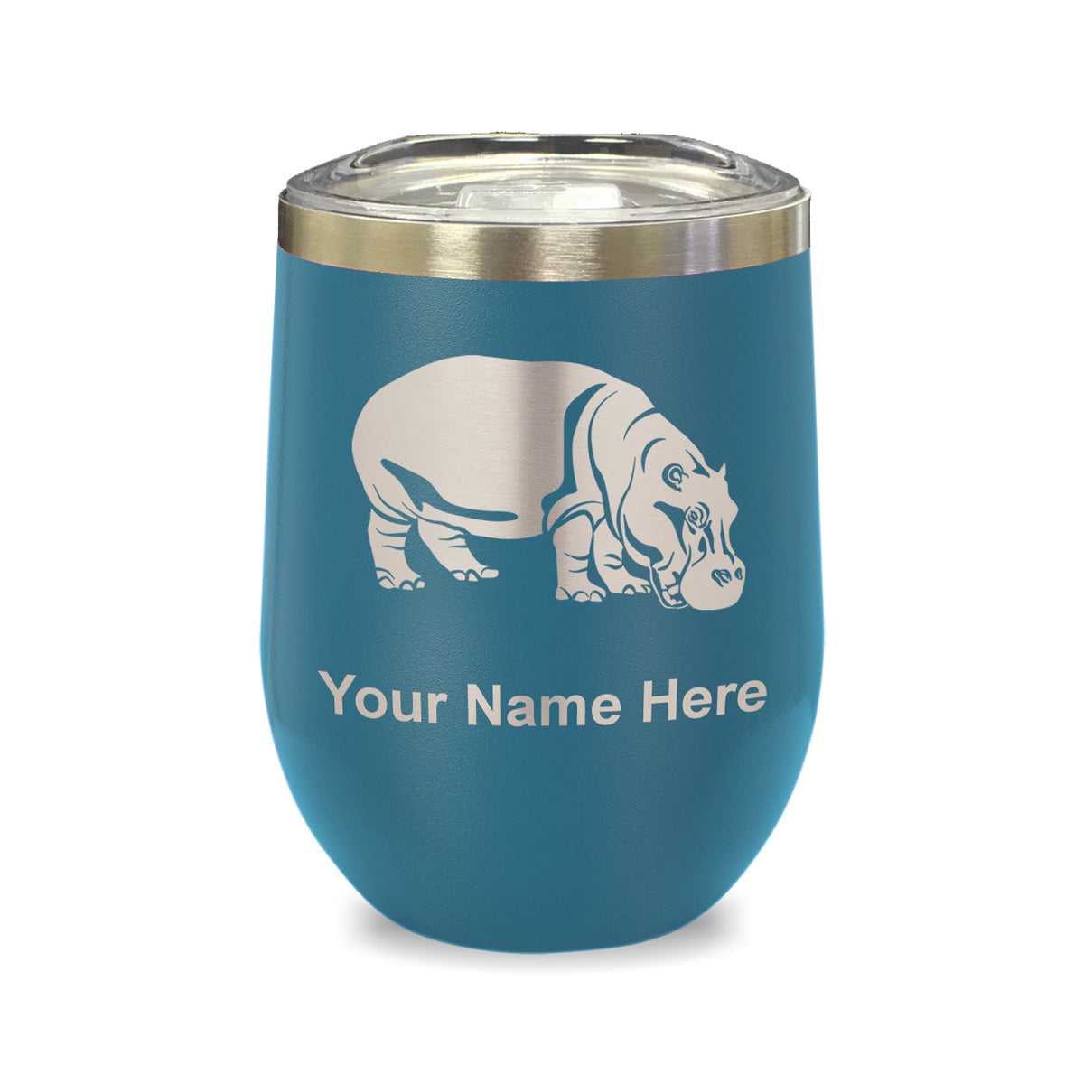 LaserGram Double Wall Stainless Steel Wine Glass, Hippopotamus, Personalized Engraving Included