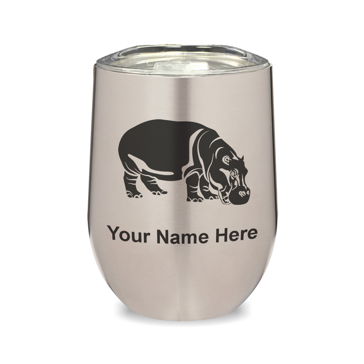 LaserGram Double Wall Stainless Steel Wine Glass, Hippopotamus, Personalized Engraving Included