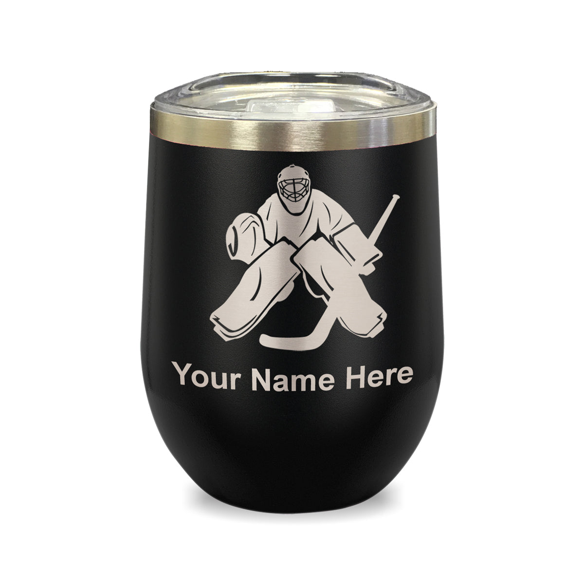 LaserGram Double Wall Stainless Steel Wine Glass, Hockey Goalie, Personalized Engraving Included