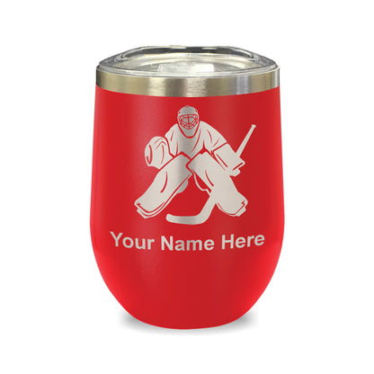 LaserGram Double Wall Stainless Steel Wine Glass, Hockey Goalie, Personalized Engraving Included