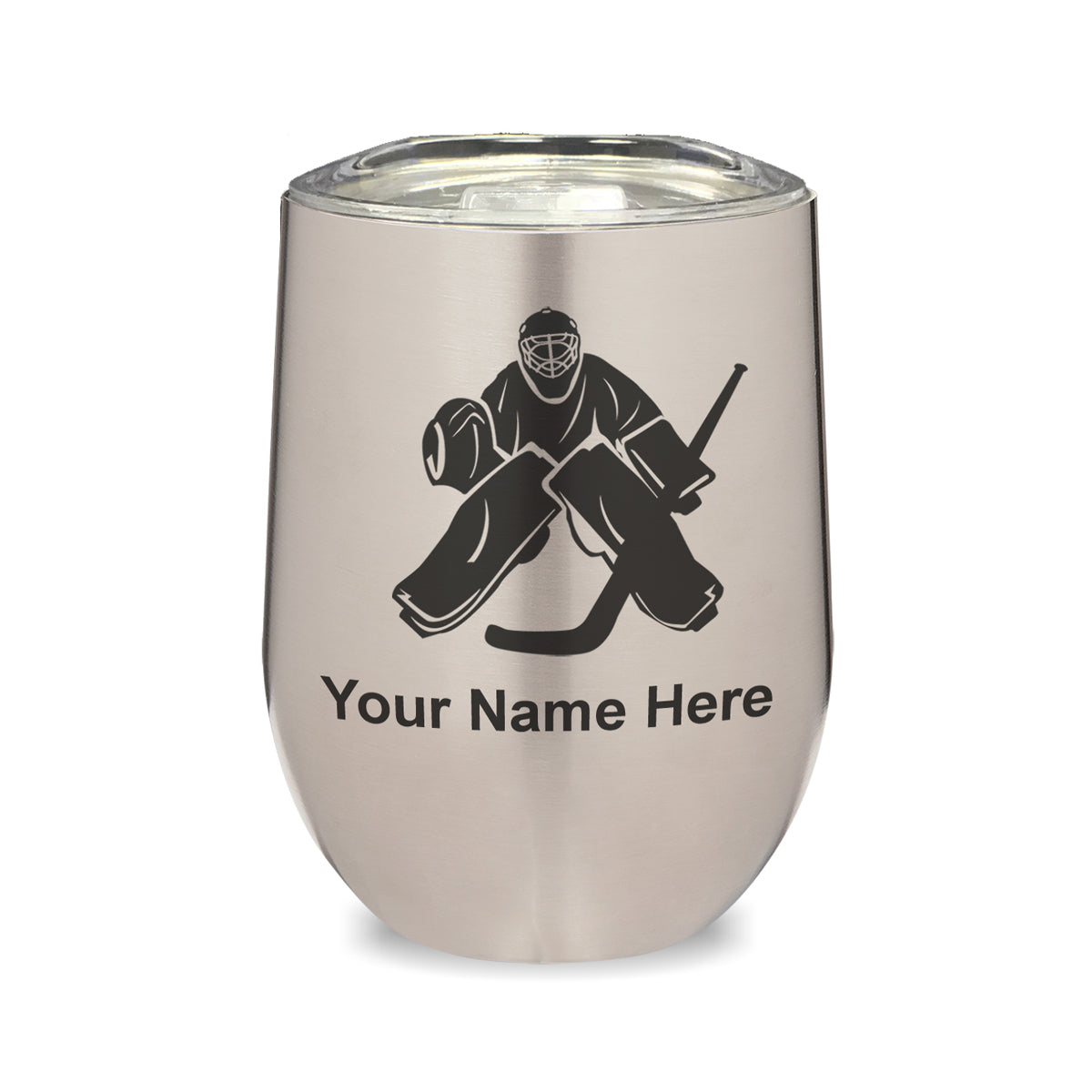 LaserGram Double Wall Stainless Steel Wine Glass, Hockey Goalie, Personalized Engraving Included