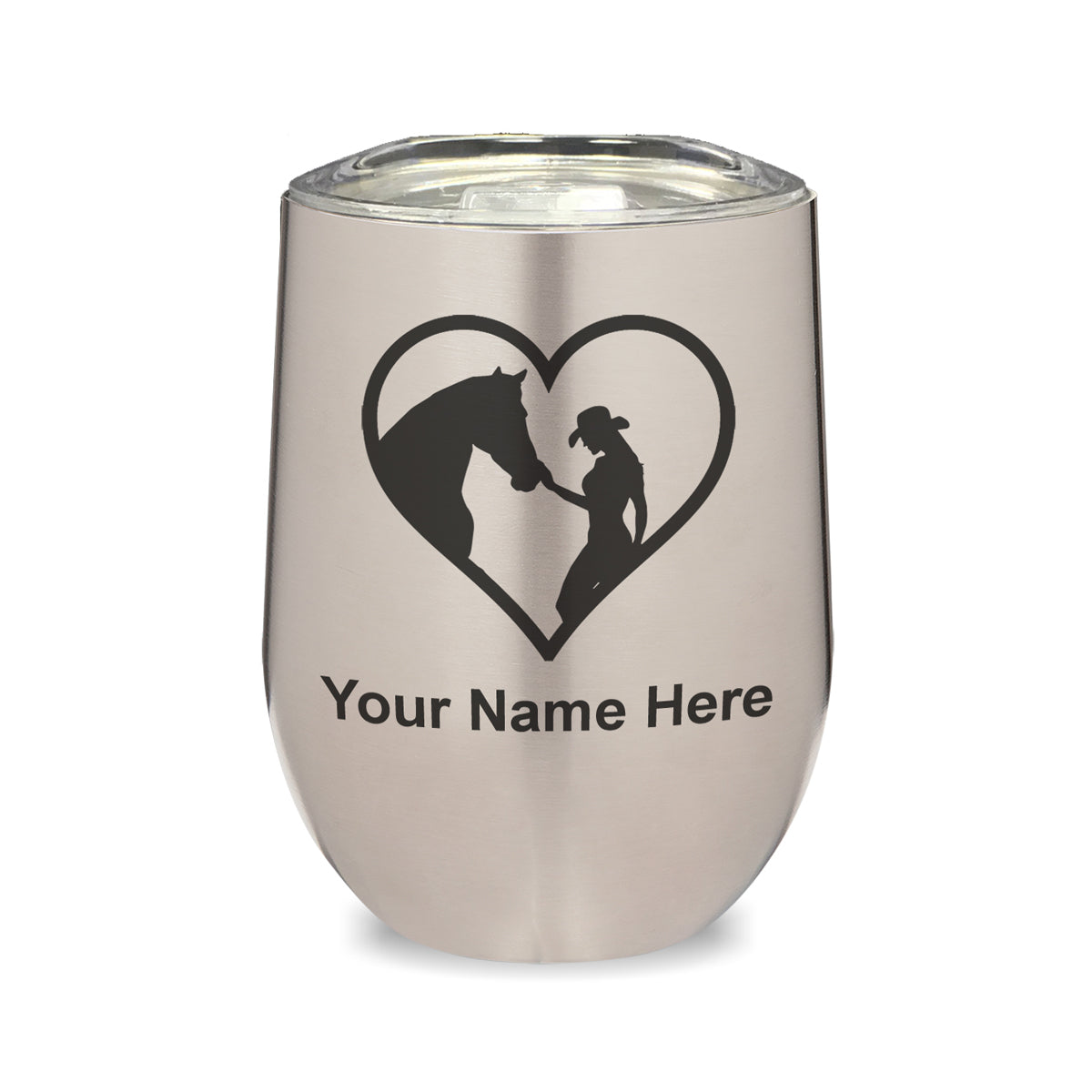 LaserGram Double Wall Stainless Steel Wine Glass, Horse Cowgirl Heart, Personalized Engraving Included