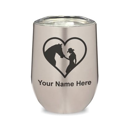 LaserGram Double Wall Stainless Steel Wine Glass, Horse Cowgirl Heart, Personalized Engraving Included