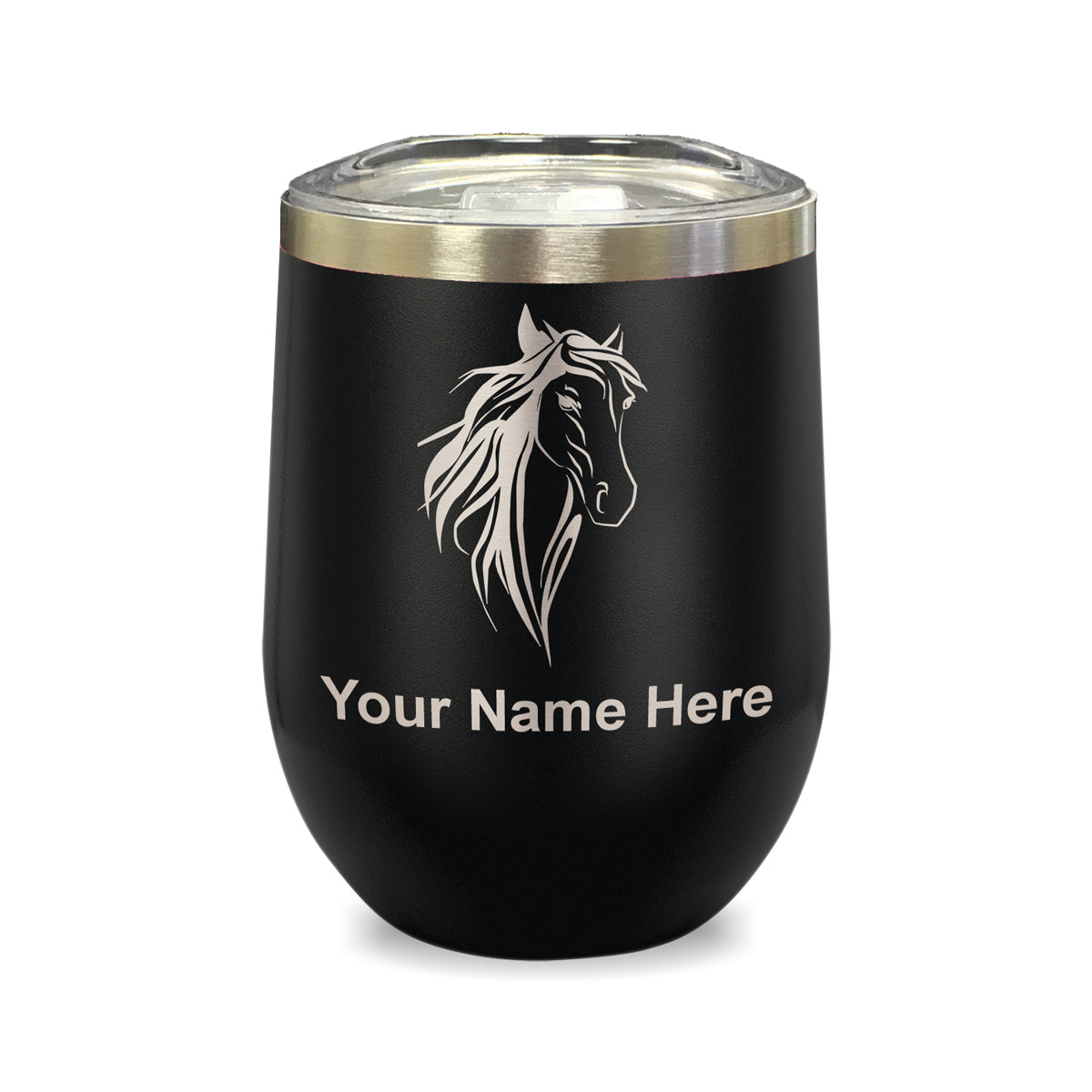 LaserGram Double Wall Stainless Steel Wine Glass, Horse Head 3, Personalized Engraving Included