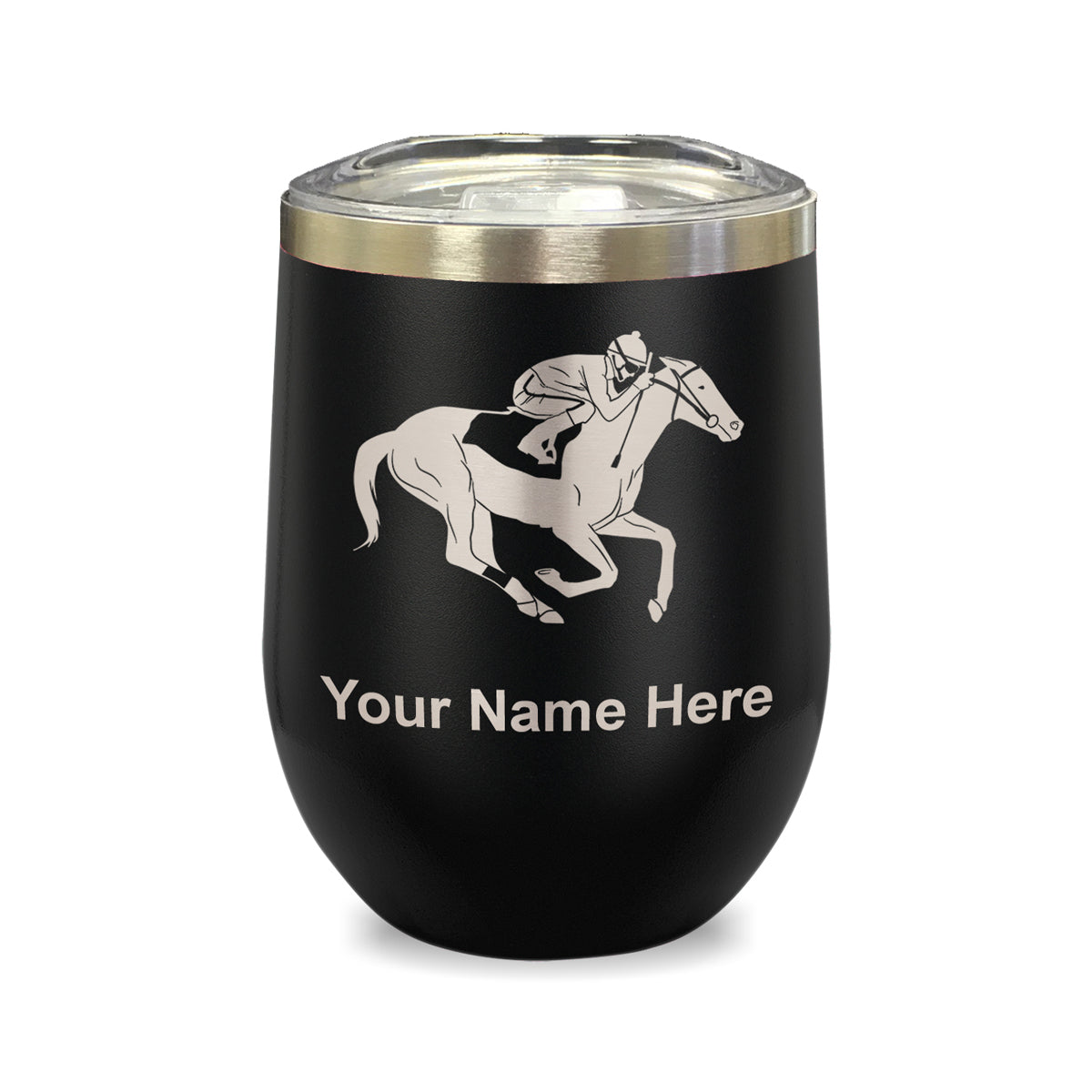 LaserGram Double Wall Stainless Steel Wine Glass, Horse Racing, Personalized Engraving Included