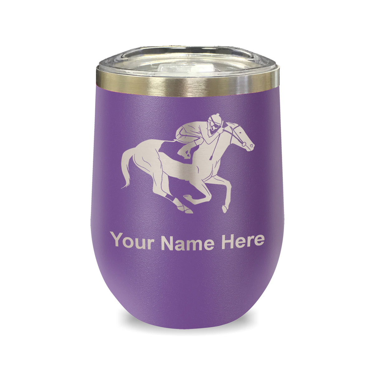 LaserGram Double Wall Stainless Steel Wine Glass, Horse Racing, Personalized Engraving Included