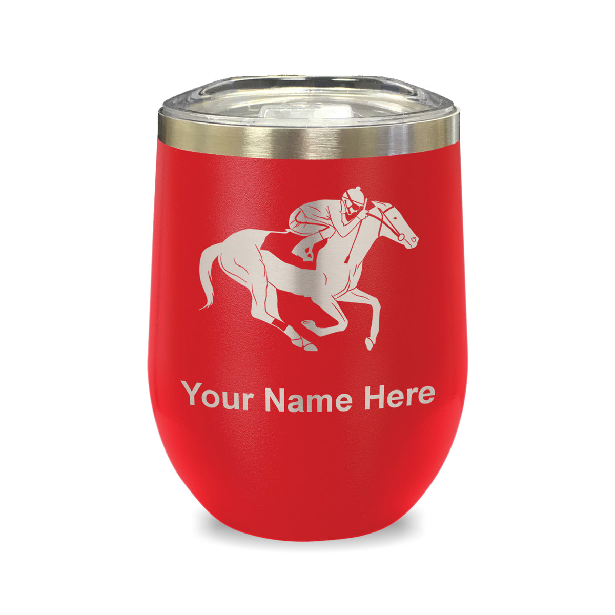 LaserGram Double Wall Stainless Steel Wine Glass, Horse Racing, Personalized Engraving Included