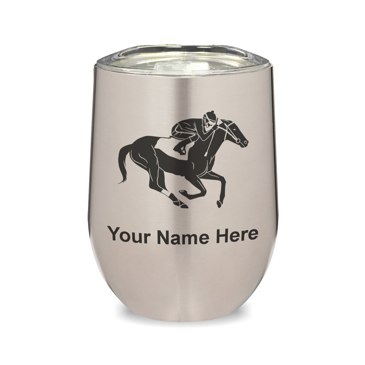 LaserGram Double Wall Stainless Steel Wine Glass, Horse Racing, Personalized Engraving Included