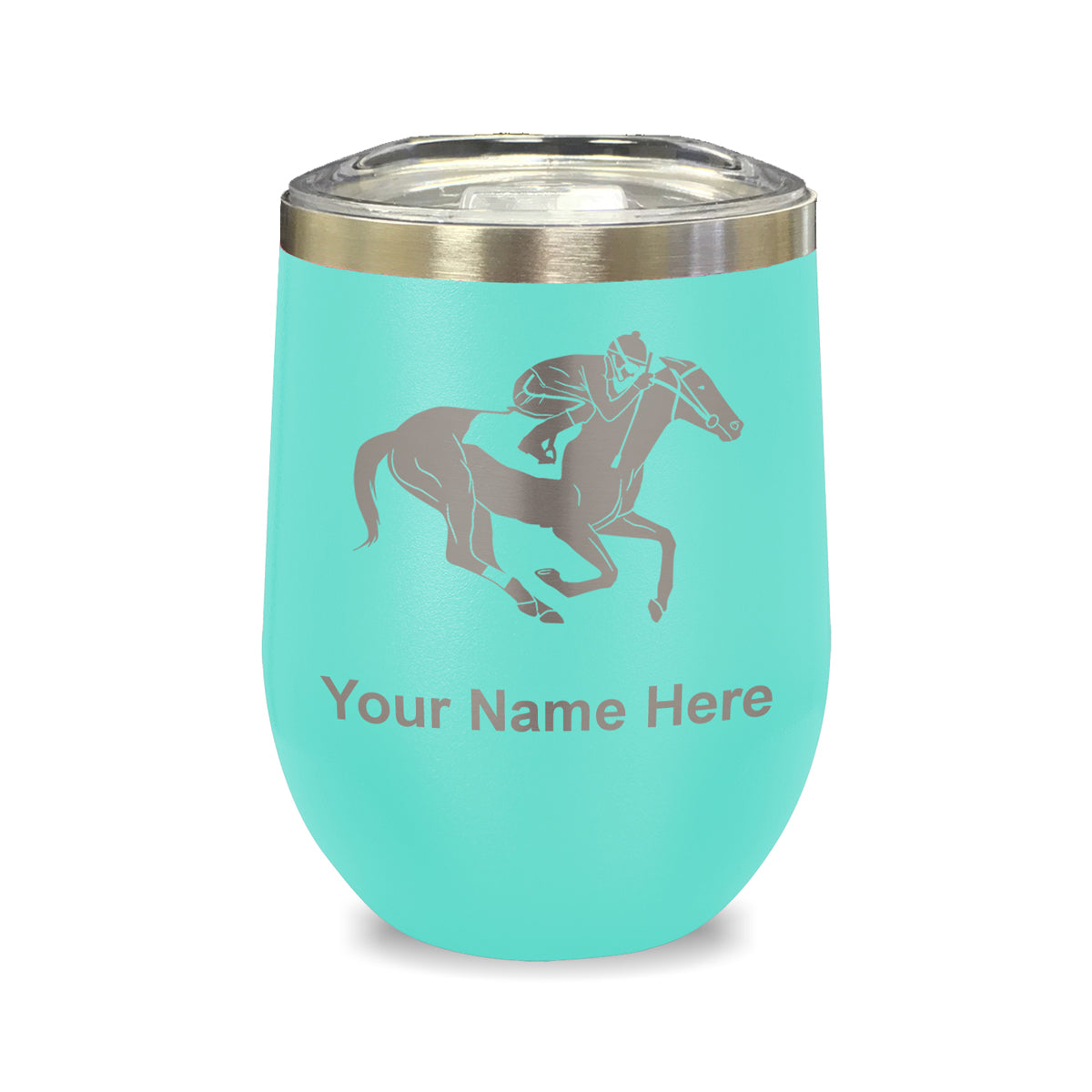 LaserGram Double Wall Stainless Steel Wine Glass, Horse Racing, Personalized Engraving Included