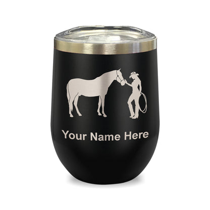 LaserGram Double Wall Stainless Steel Wine Glass, Horse and Cowgirl, Personalized Engraving Included