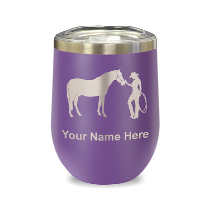 LaserGram Double Wall Stainless Steel Wine Glass, Horse and Cowgirl, Personalized Engraving Included