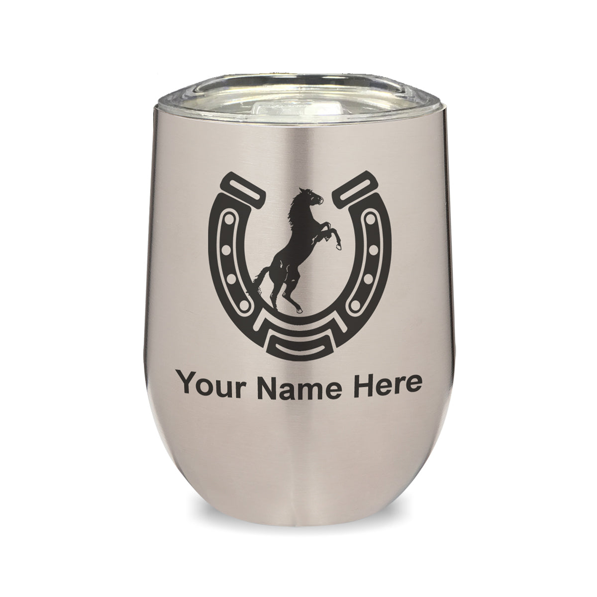 LaserGram Double Wall Stainless Steel Wine Glass, Horseshoe with Horse, Personalized Engraving Included