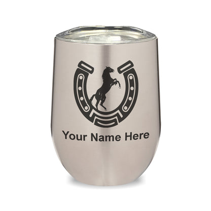 LaserGram Double Wall Stainless Steel Wine Glass, Horseshoe with Horse, Personalized Engraving Included