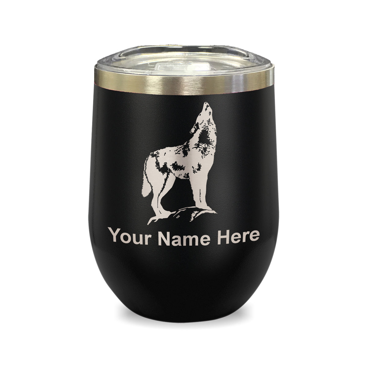LaserGram Double Wall Stainless Steel Wine Glass, Howling Wolf, Personalized Engraving Included