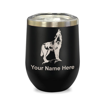 LaserGram Double Wall Stainless Steel Wine Glass, Howling Wolf, Personalized Engraving Included