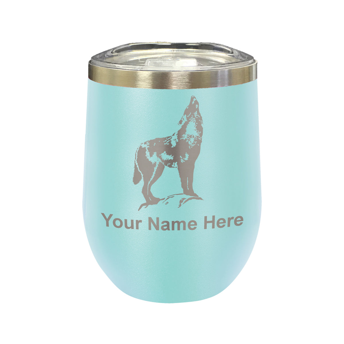 LaserGram Double Wall Stainless Steel Wine Glass, Howling Wolf, Personalized Engraving Included