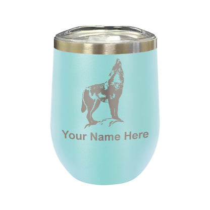 LaserGram Double Wall Stainless Steel Wine Glass, Howling Wolf, Personalized Engraving Included