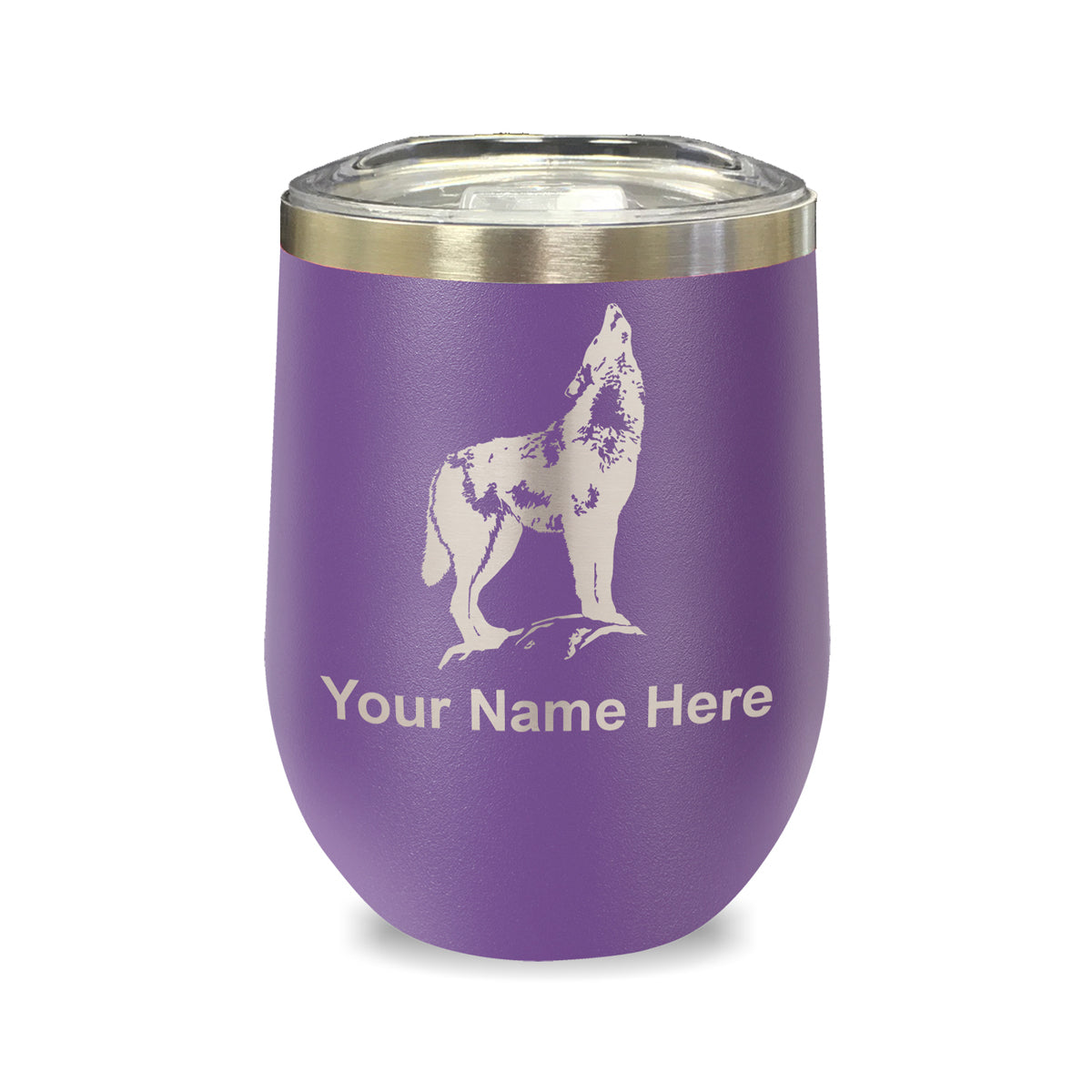 LaserGram Double Wall Stainless Steel Wine Glass, Howling Wolf, Personalized Engraving Included