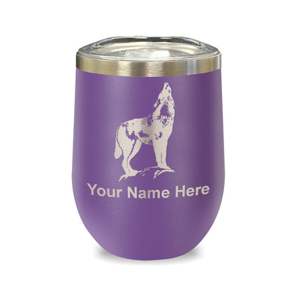 LaserGram Double Wall Stainless Steel Wine Glass, Howling Wolf, Personalized Engraving Included