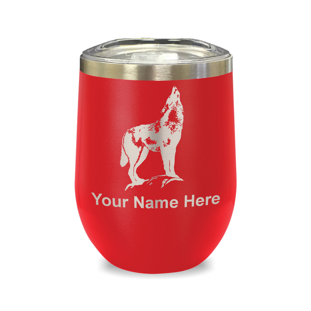 LaserGram Double Wall Stainless Steel Wine Glass, Howling Wolf, Personalized Engraving Included